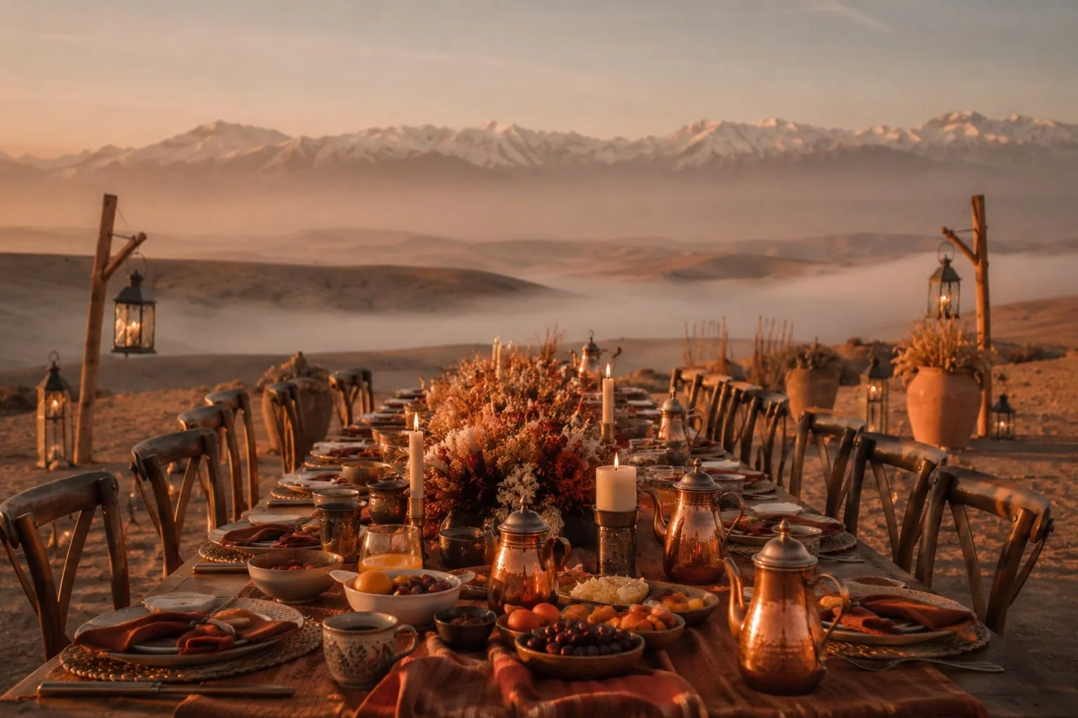 Long table laid at dawn in the dunes of Erg Chigaga