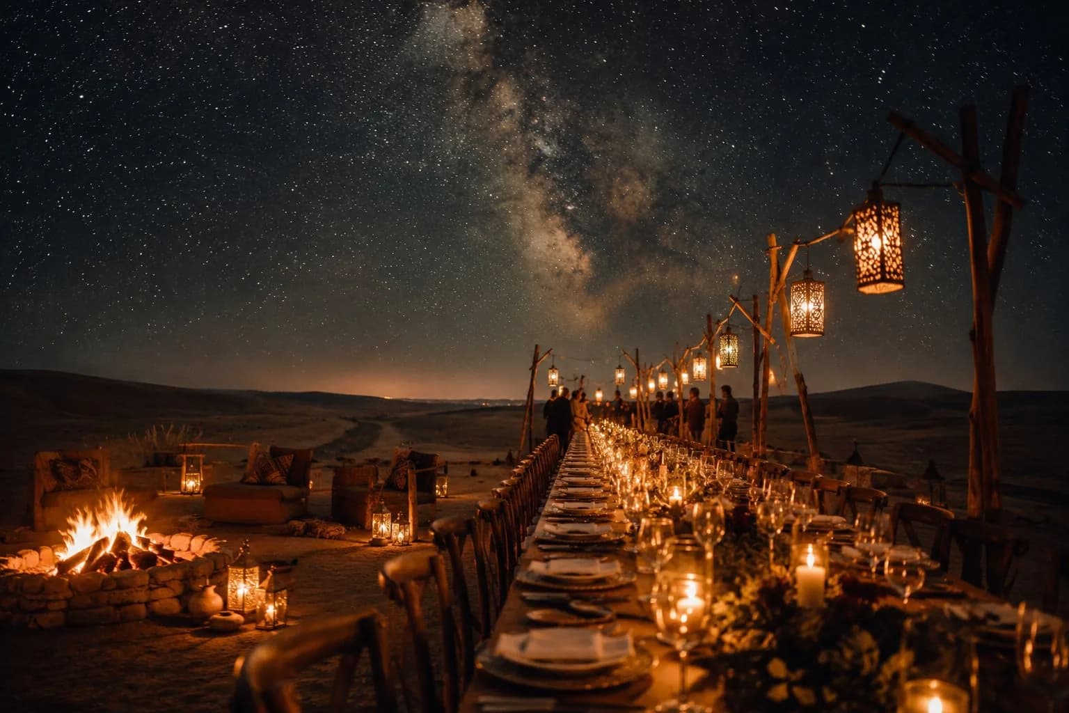 The long table set in the sand at Umnya Dune Camp, lanterns and fires under the Milky Way