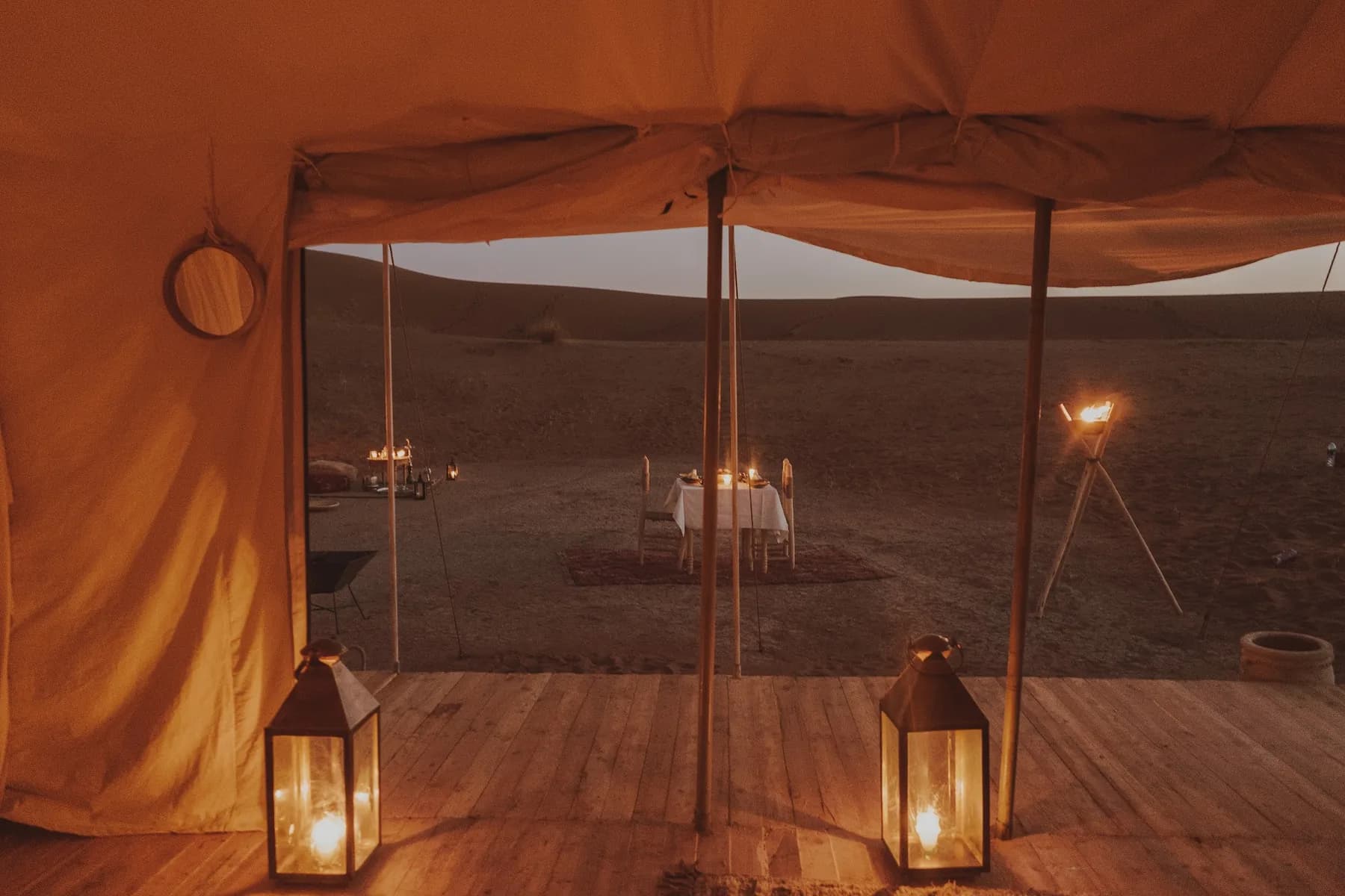 The tent lounge of the Erg Chigaga camp at night