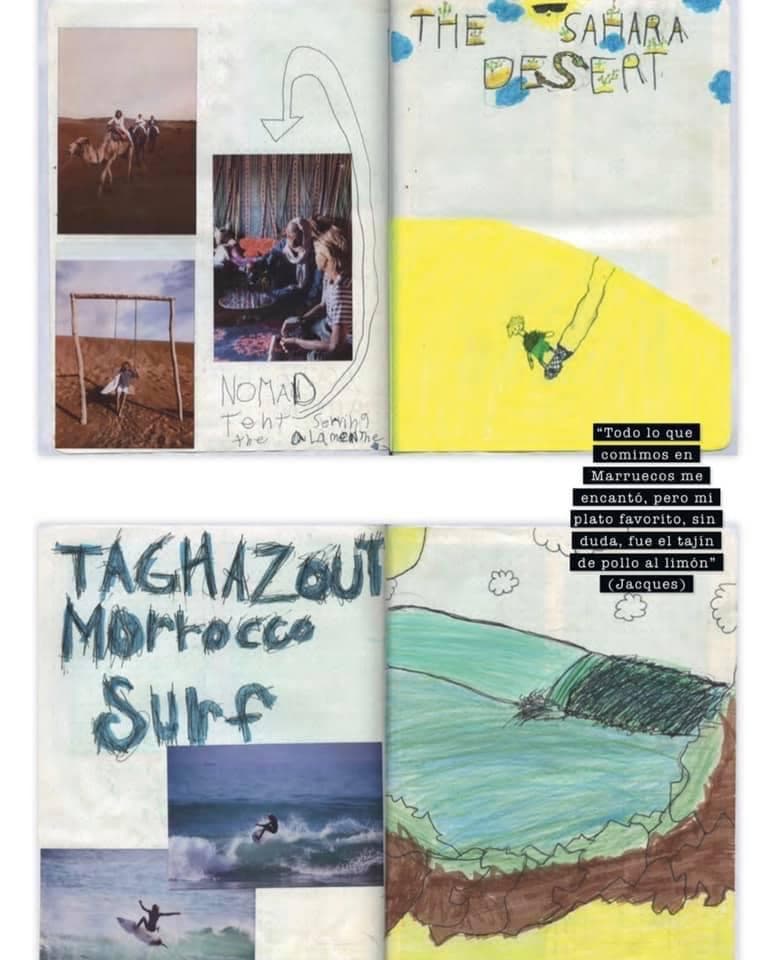 Children's illustrated travel journal pages: the Sahara desert and surfing at Taghazout, Morocco